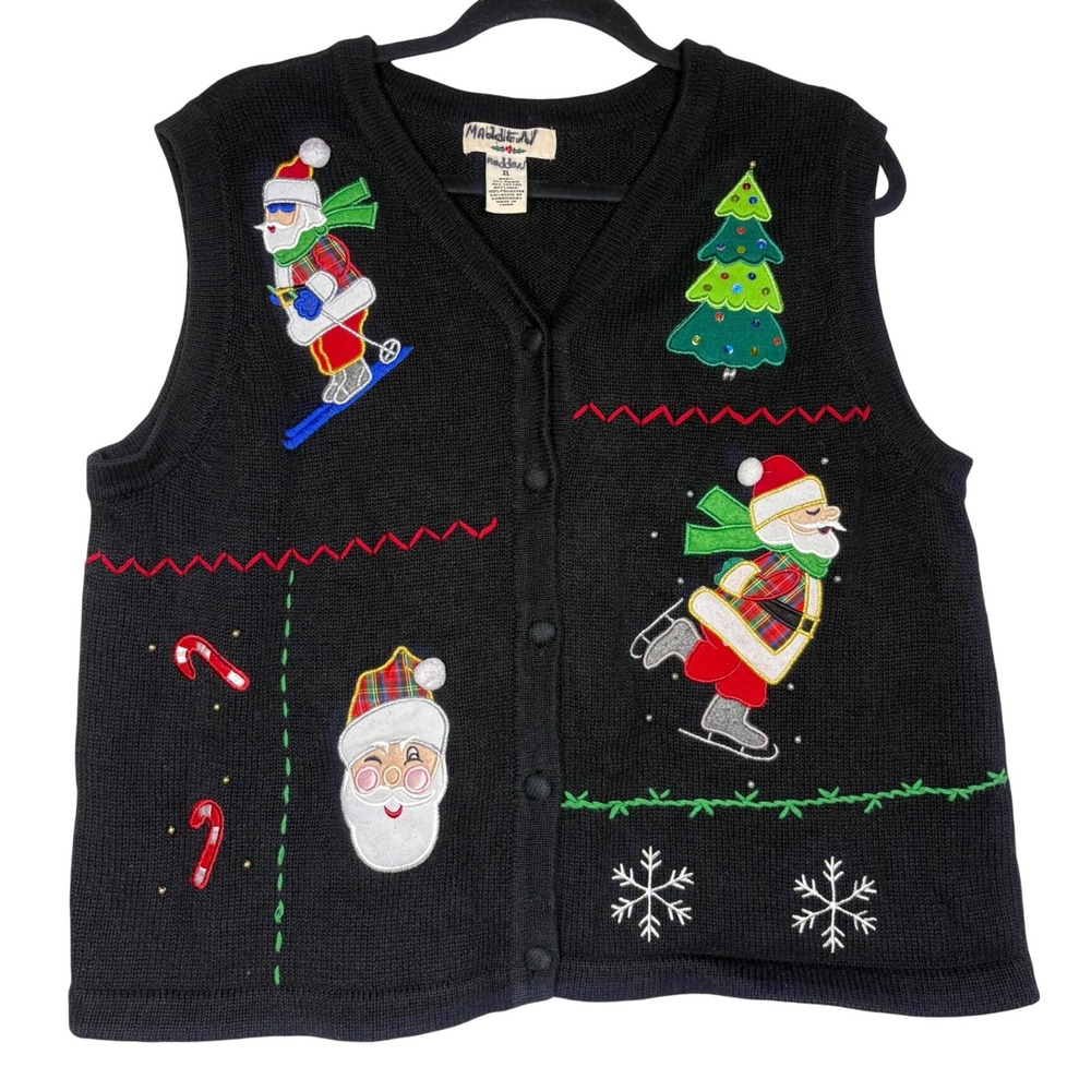 Vtg Bechamel Christmas Sweater Vest XL Santa Skiing Skating Tree Knit 593777